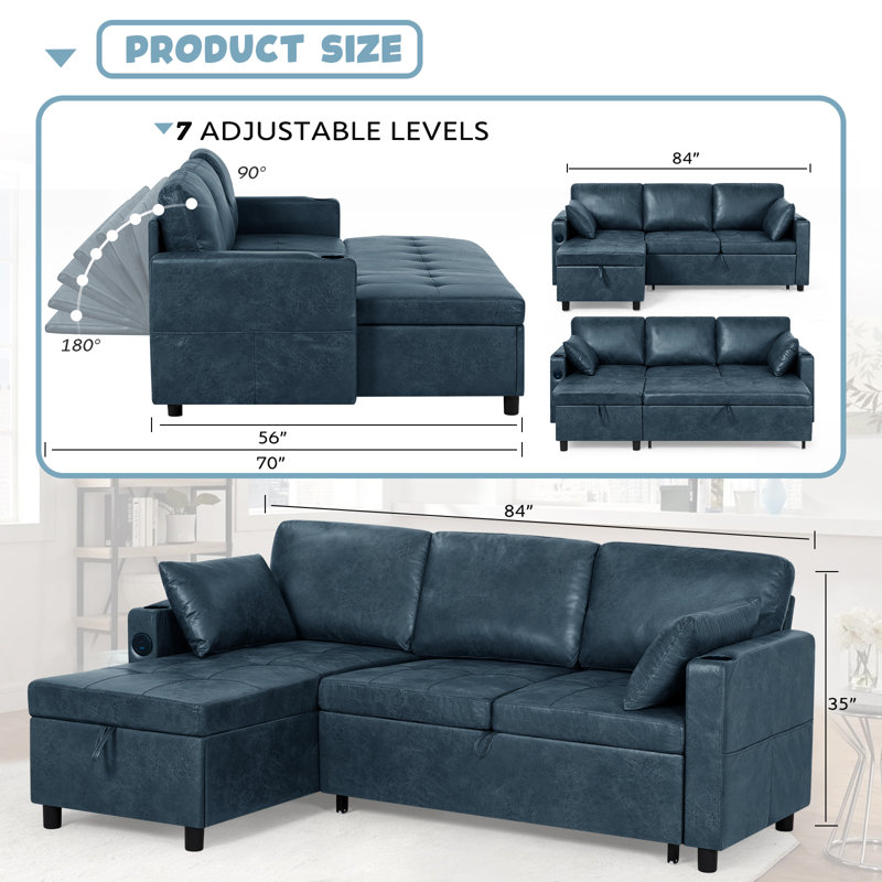 84" Reversible Sectional Pull-Out Sofa Bed With Adjustable Backrest,Suede Leather Modern L-Shape Sofa With Storage Chaise, 3-Seat Convertible Couch With Usb Charging Port For Living Room, Apartment, House