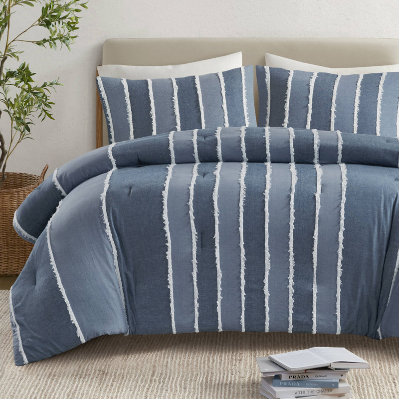 Ensemble d'édredon pour lit double / grand lit rayé 100% coton Shay Blue, Édredon double / grand + 2 taies décoratives sta