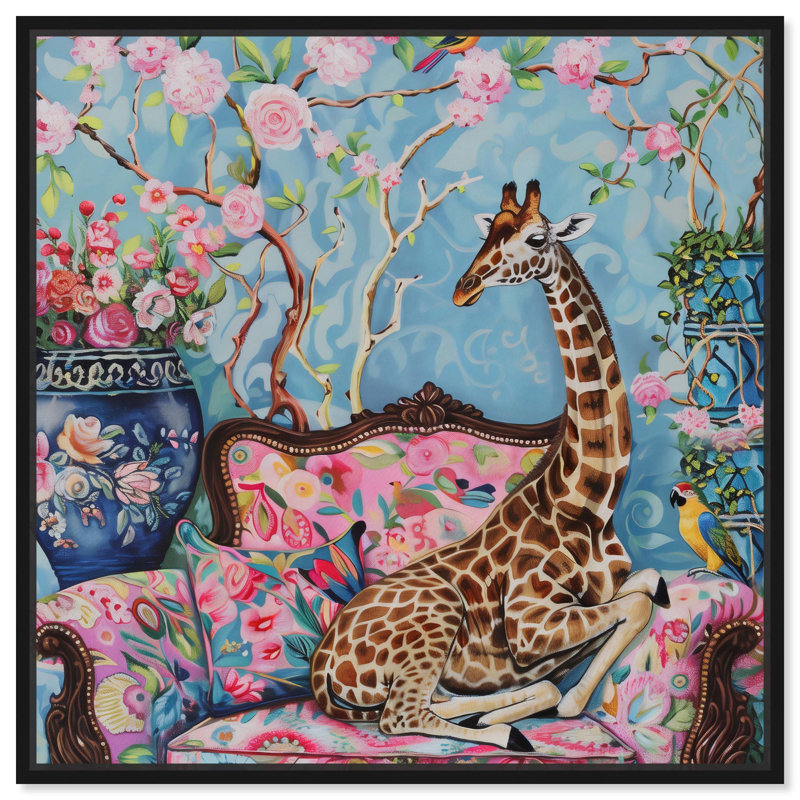 «Lounging Giraffe Canvas» par Art Remedy, Cadre noir, H 13 po x l 13 po
