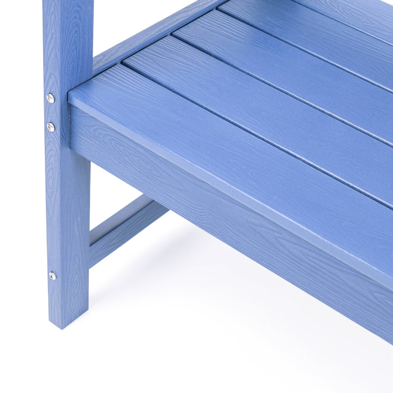 Banc bleu foncé résistant aux intempéries, avec assise large et dossier ventilé, pour parcs extérieurs, structure stable et ergonomique, idéal pour les cours familiales.