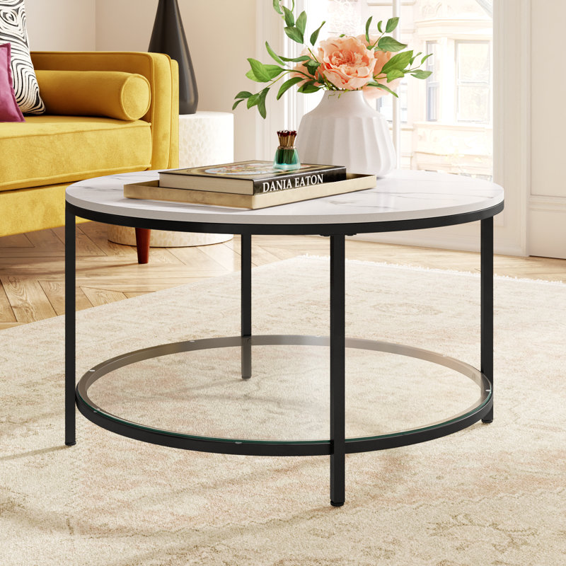 Table basse ronde avec rangement Aubra, Plateau blanc / base noire