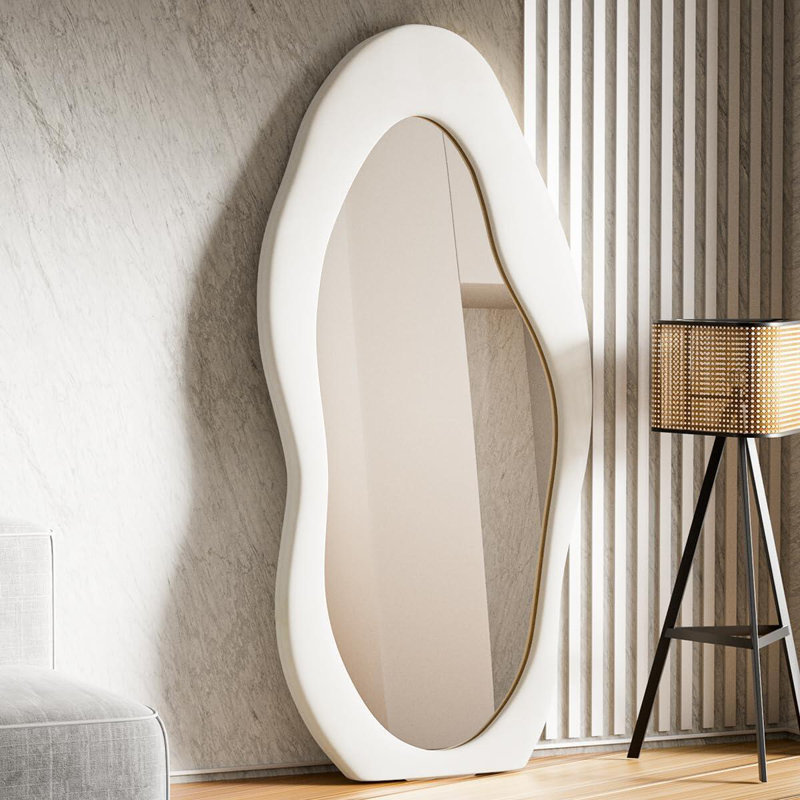 63" x 24" Full-Length Mirror, Flannel-Wrapped Wooden Frame, Irregular Wavy Design, Wall Mirror for Bedroom, Living Room, or Cloakroom – Can Be Hung or Leaned Against the Wall, White