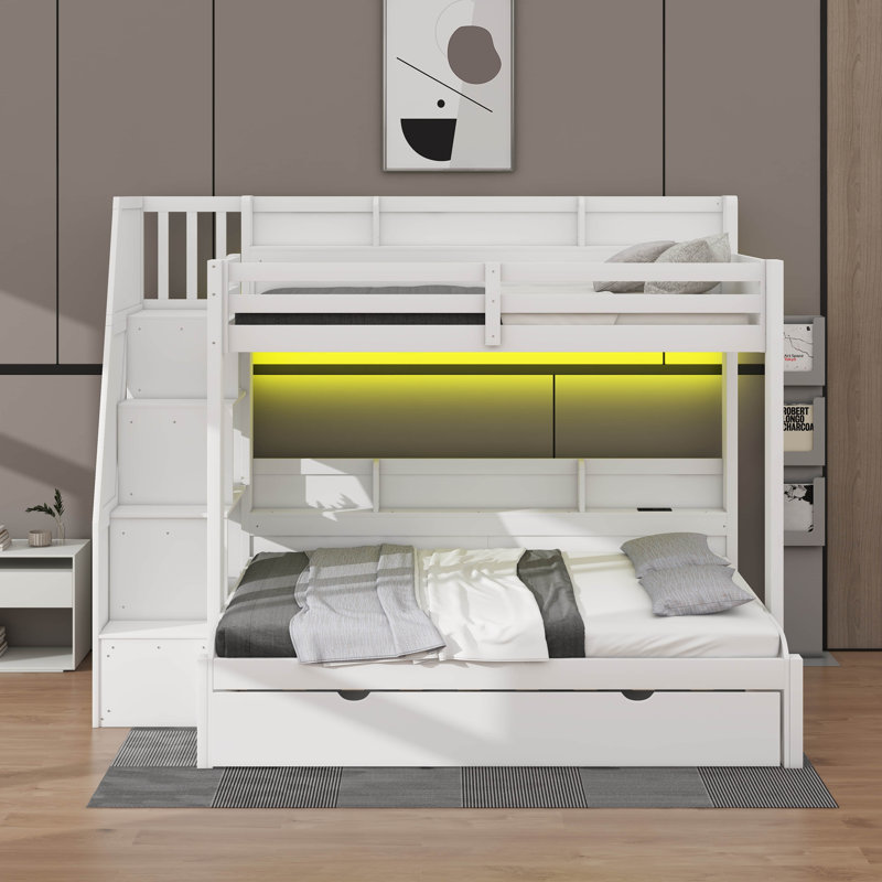 Lit superposé avec escalier de rangement, lit gigogne, tablettes de rangement et USB, lit superposé en bois robuste peu encombrant avec DEL