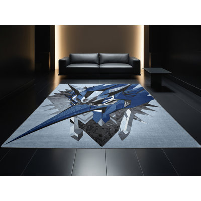 Tapis géométrique moderne et contemporain Ulster Tengu lavable à la machine en bleu - reliure grise