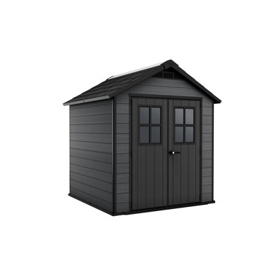 Keter Newton 7.5x7 FT Durable Resin Outdoor Storage Shed with Floor and Lockable Double Doors, Grey -  249496