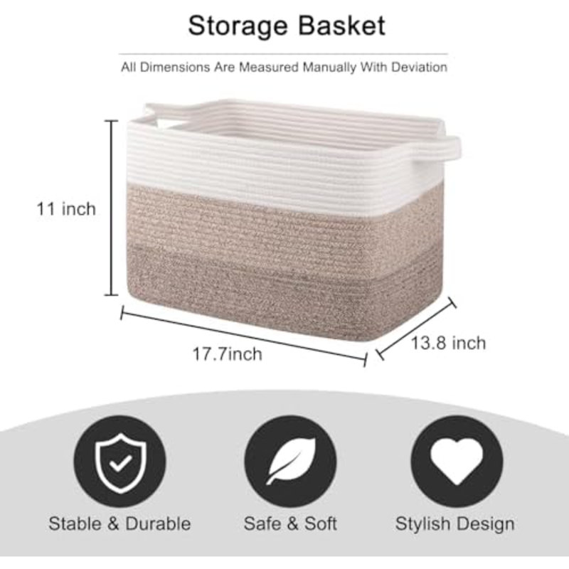Cotton Rope Basket, Rectangle Woven Baskets For Storage, Nursery Blanket Storage Living Room, Toy Basket With Handle-17.7”X13.8”X11”-Gradient Yellow