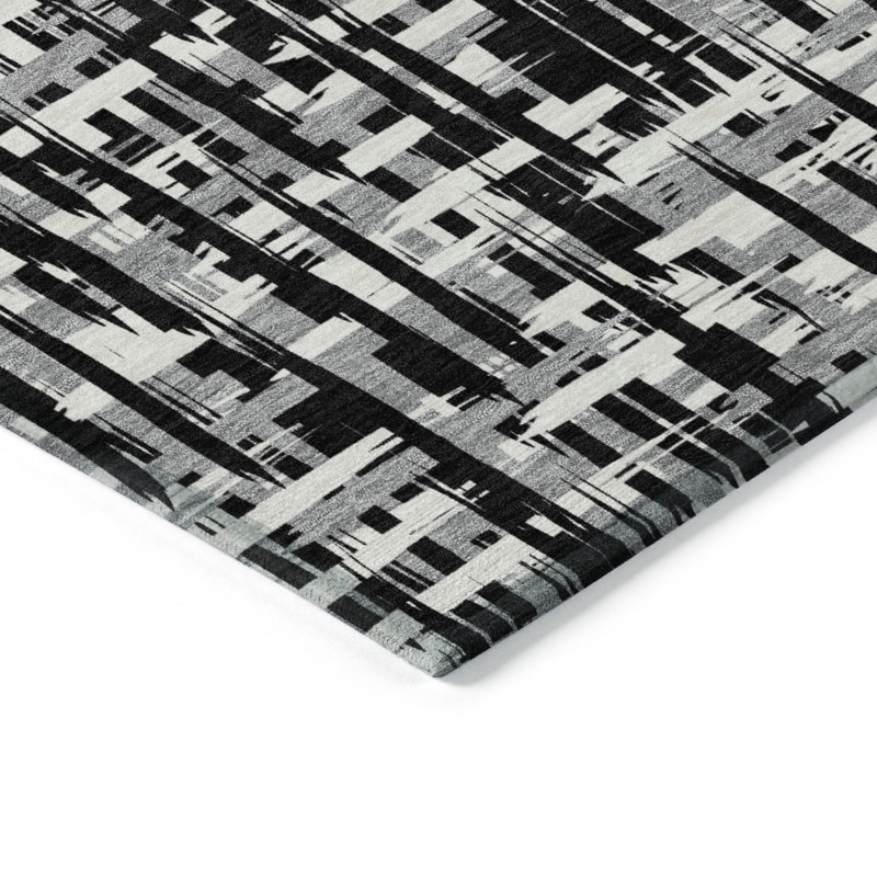 Black and Gray Synthetic Washable Rectangular Area Rug
