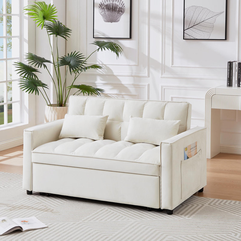 Modern 55" 3-in-1 couch folding sofa bed with two lumbar pillows for living room and office, Ivory Fabric
