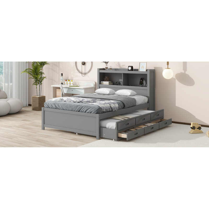 Lit plateforme double avec lit gigogne, tiroirs et prises USB, gris