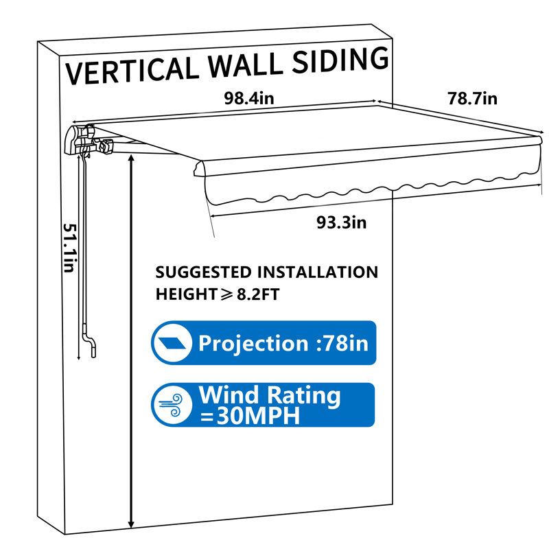 Manual Retraction Slope Patio Awning, Beige, 6" H x 98.4" W x 78.7" D