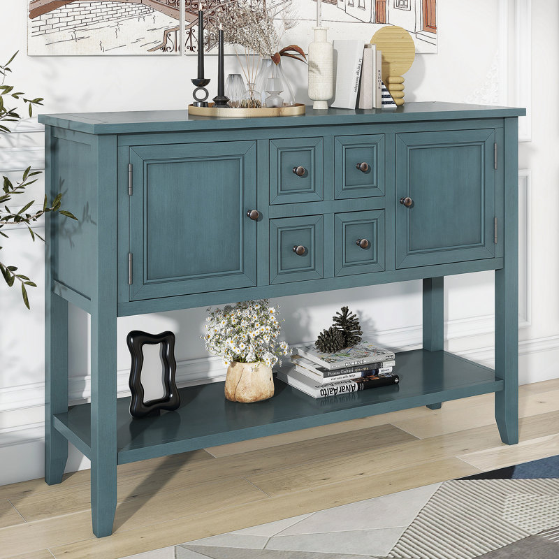 Retro Elegant Solid Acacia Wood Sideboard with Ample Storage and Easy Assembly, Perfect for Any Home Decor, Blue