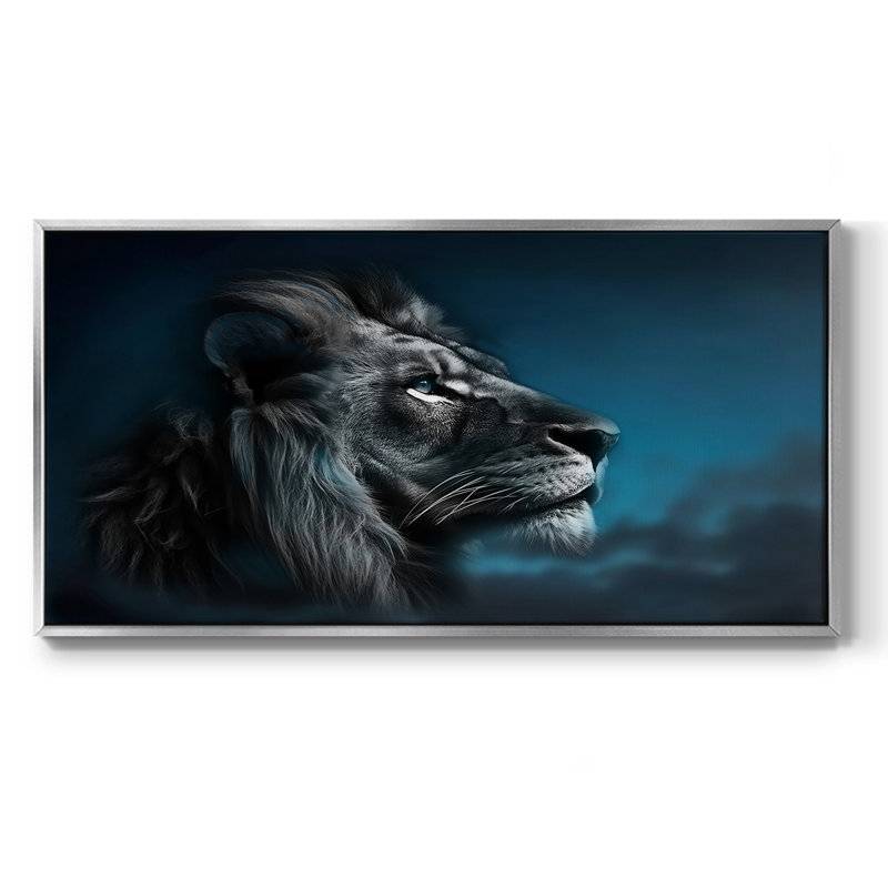 Portrait d'un lion - Toile tendue avec châssis encadré - Prêt à être accroché, H 25 po x l 49 po, Argent argent