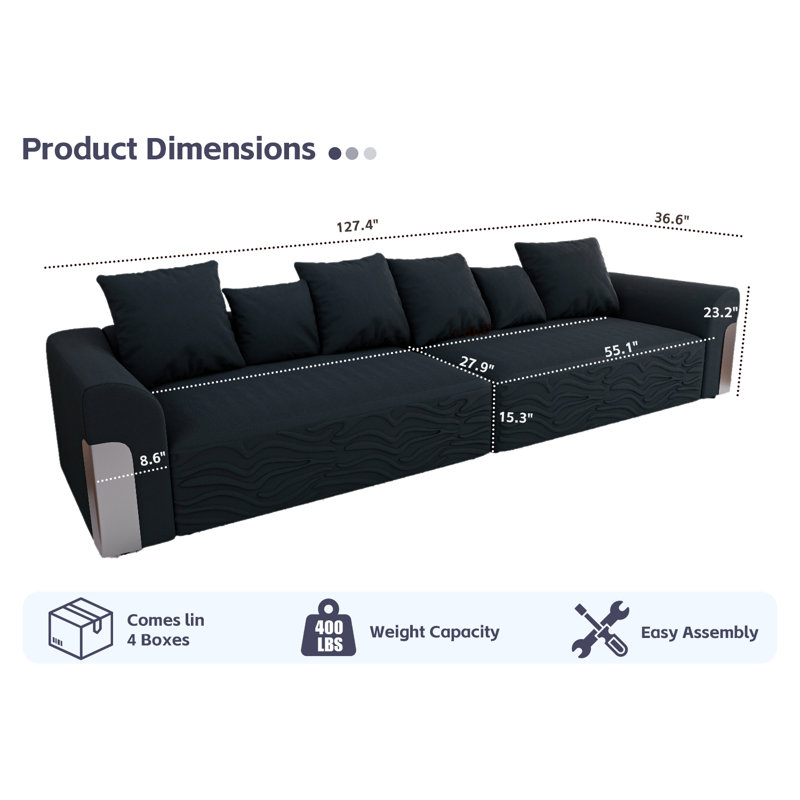 127.4'' Wide Chenille Armed Upholstered Modular Sofa, Black