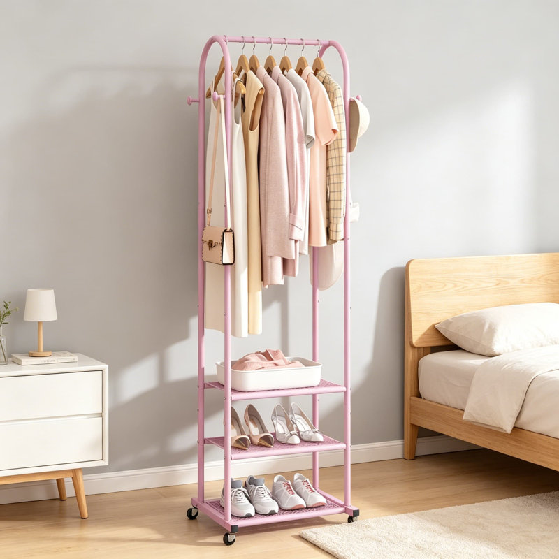 Portant à vêtements robuste avec roulettes, portemanteau 71,8 pouces avec 3 tablettes en métal, présentoir moderne pour suspendre les vêtements, portemanteau roulant pour petits espaces, rose