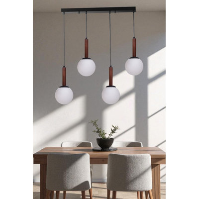 Lustre réglable élégant, structure en métal avec capuchon en verre, 15 x 5,9 pouces | Plaque de base 25,6 po x 2,4 po x 1,2 po | 4 ampoules E27 de 40 W maximum (ampoule non incluse) | Blanc moderne, finition noyer et noir | Parfait pour la salle à manger et le salon