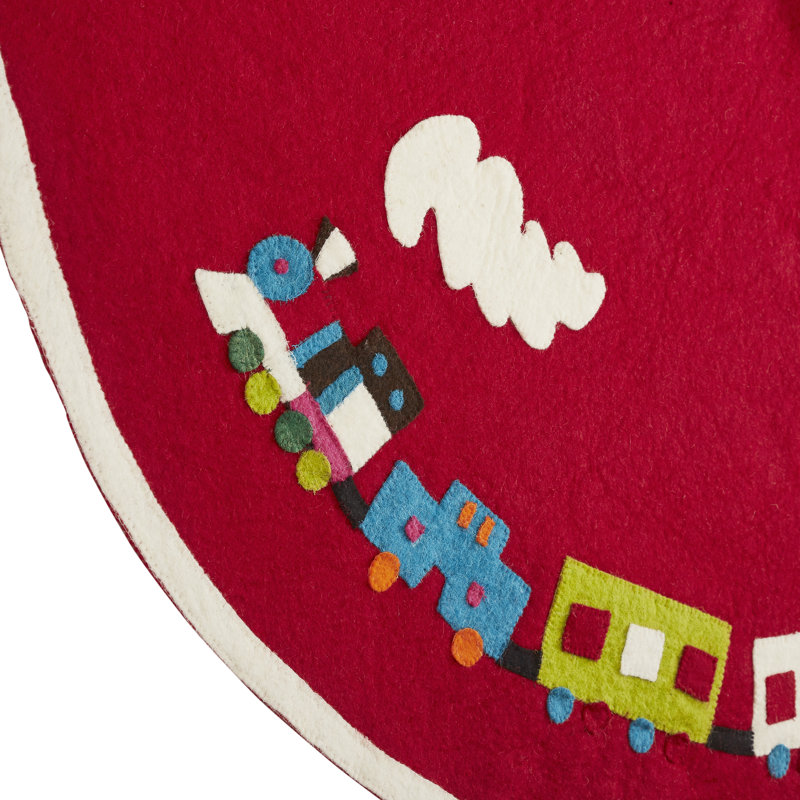 Snowflakes 60" Handmade Christmas Tree Skirt in Felt - Toy Train, Red