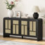 Buffet 59 po en rotin noir avec 4 portes, grande console de rangement Boho pour la salle à manger et le vestibule