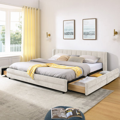 Cadre de lit rembourré avec tissu épais, cadre de lit rembourré confortable, tissu chenille, avec tête de lit et cadre de lit solide. Avec tiroir pour le rangement (86,5 po x 84 po x 29,5 po)