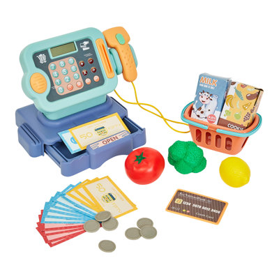 Jouet caisse enregistreuse pour enfants - ensemble de jeu de 30 pièces pour jouer avec épicerie avec argent, nourriture pour tout-petits et panier pour enfants de 3 ans et plus par Hey! Jouez!