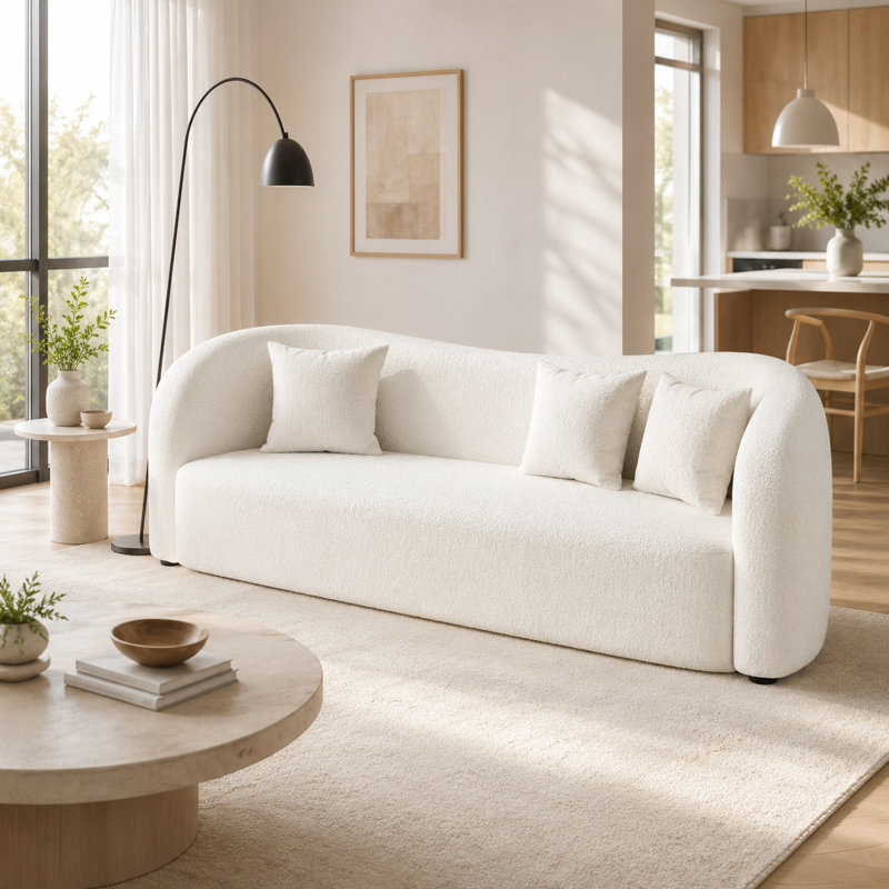 Canapé incurvé moderne en sherpa de 91 po, siège à 4 places crème profond avec structure en bois massif et 3 coussins décoratifs
