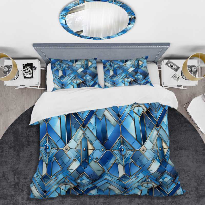 Ensemble de housse de couette en microfibre bleu / blanc / jaune Eicholtz, Housse de couette pour grand lit et 2 taies décor