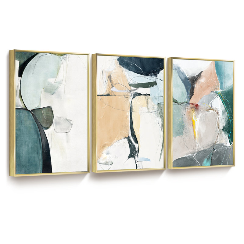 Cadre moderne abstrait encadré - ensemble de 3 reproductions sur toile, H 16 po x l 36 po x P 1,5 po, Or