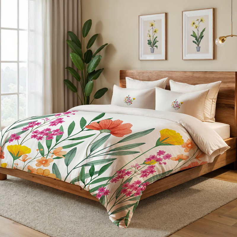 Ensemble de housse de couette simple (1 housse de couette et 1 taie d'oreiller), crème, orange, vert et jaune | 70% coton / 30% polyester, 55,1 po x 78,7 po | Lavable à la machine, 145 fils, impression élégante de pigment, fermeture à boutons et enveloppes