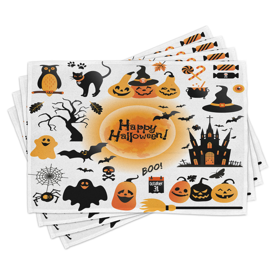 Platzdeckchen 4er Set, Happy Ghost, Orange Schwarz