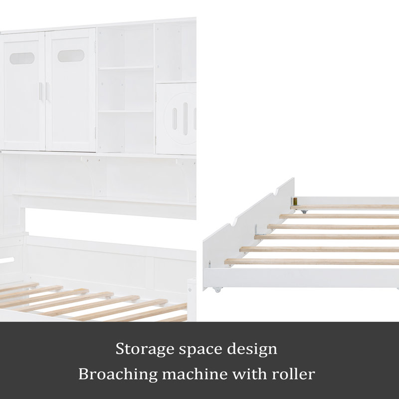 Wooden Daybed With Twin Size Trundle, And All-In-One Cabinet And Shelf, Twin, White