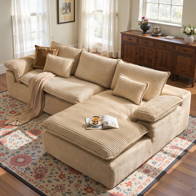 Boneless 112.6'' Oversized Corduroy Sectional Sofa With Chaise, 2-piece Cloud Couch For Cozy Winter Living, Plush Double-layer Cushions, No Assembly Needed