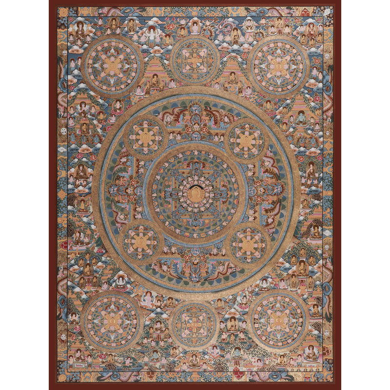 Thangka tibétain douzaine de mandalas sans broc | Art mural bouddhiste peint à la main | Décoration de méditation en or 24 carats (40,2 po x 29,5 po)