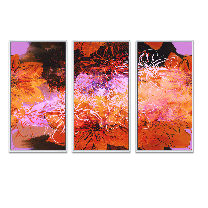 Fleurs abstraites orange et mauves - 3 pièces, reproduction sur toile flottante, H 20 po x l 36 po x P 1 po, Cadre blanc