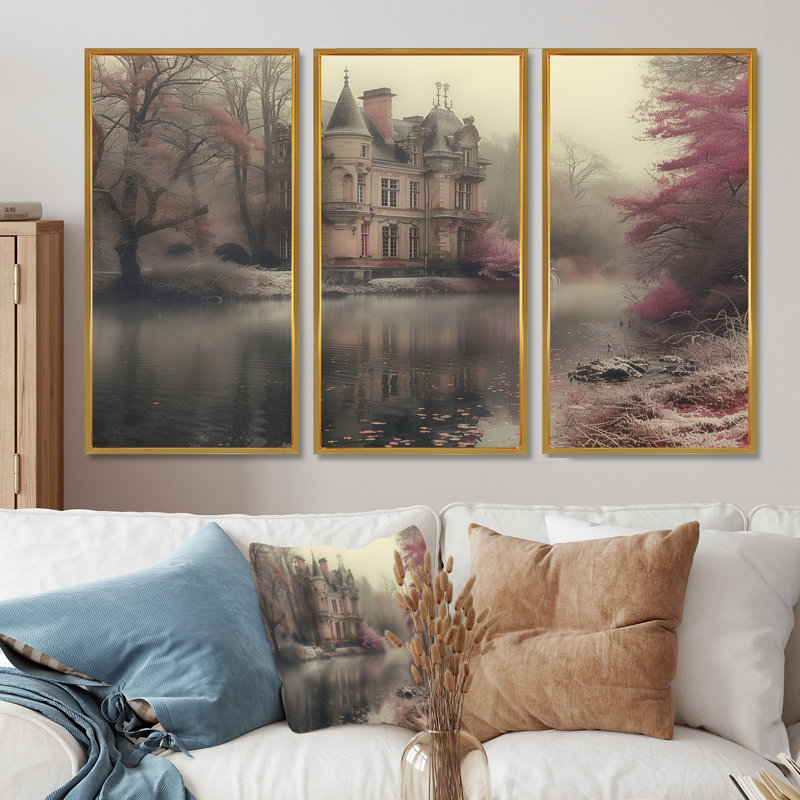 Soline - Chateaus Wall Art Print Set, Gold Floater Framed Canvas, 40" H x 60" W x 1" D