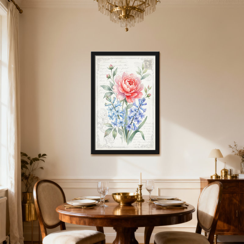 Bouquet de plantes et de fleurs avec rose rose et fleurs bleues, H 24 po x l 16 po, Toile tendue, Ne s’applique pas