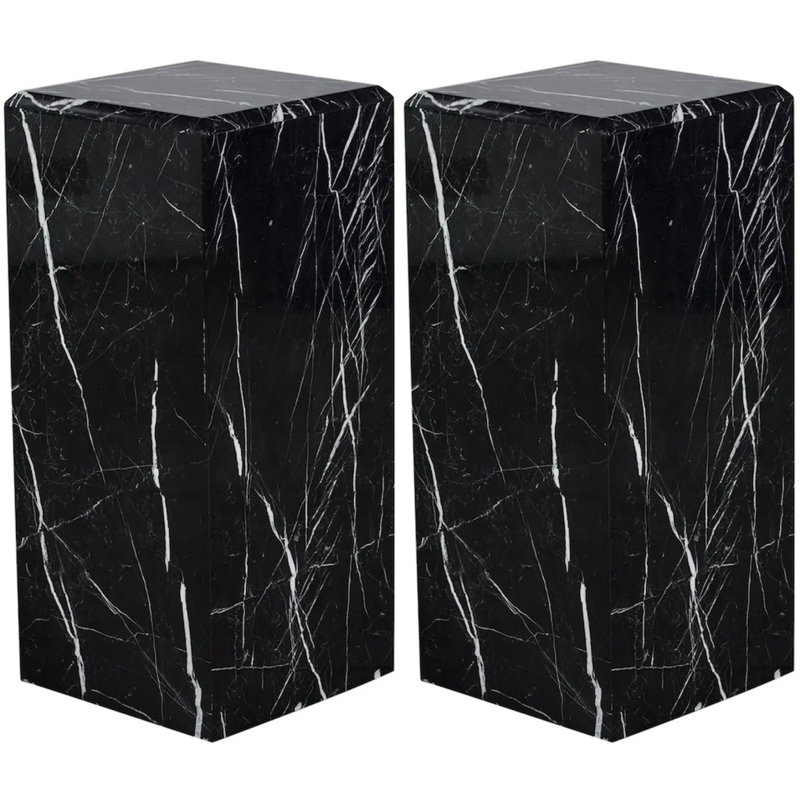 Black Genuine Marble Rectangular Plinth Side Tables (Set of 2)