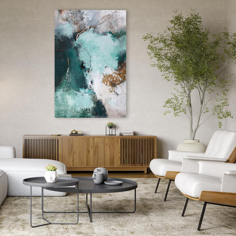 Great Green Variation - Abstracts, blanc, gris, bleu, art, H 48 po x l 32 po