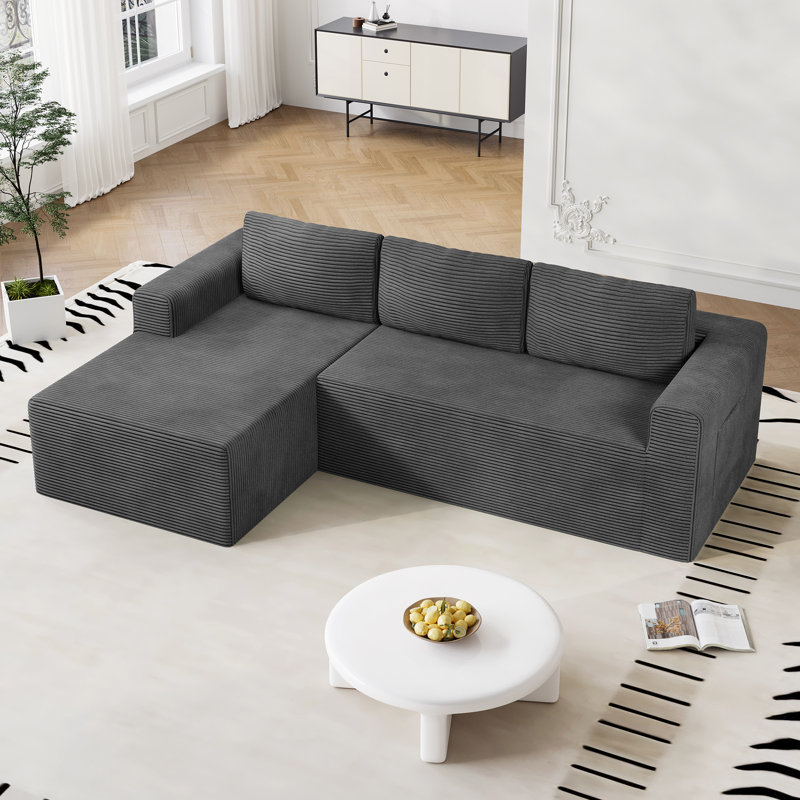 Canapé modulaire moderne en L en velours côtelé de 94,5 pouces avec poches de rangement, Velours côtelé - Gris