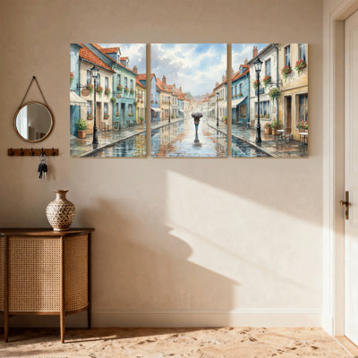 Ensemble de 3 impressions sur toile, "Rainy Street" avec maisons colorées et parapluie