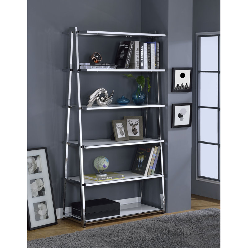 Airlene Ladder Bookcase in Black High Gloss and Chrome, White