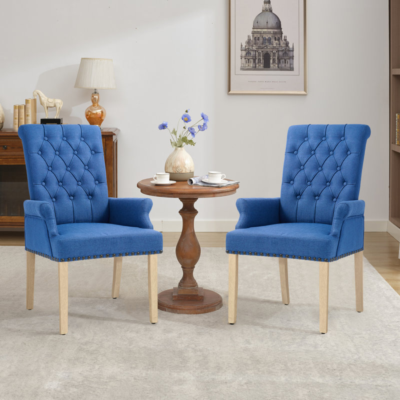 Amdad Tufted Upholstered Fabric Dining Chair with Arms, Dark Blue, Natural, Linen