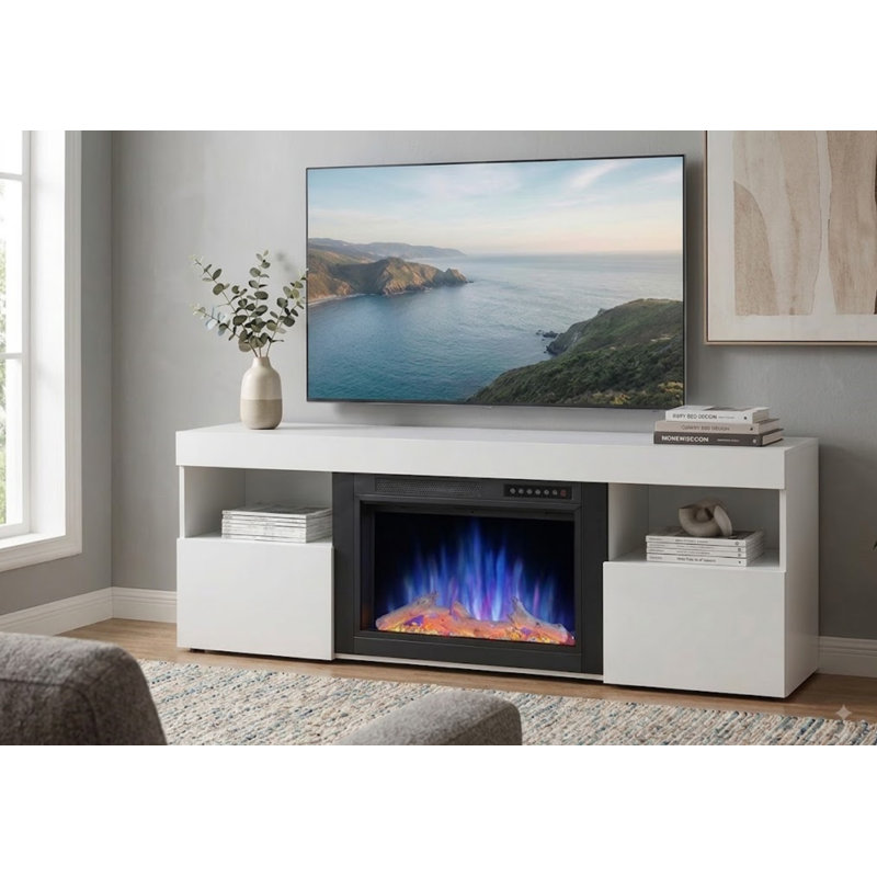 Meuble télé 60 po avec foyer électrique, télécommande et minuterie , Blanc