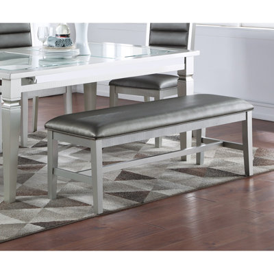 Élégant banc de salle à manger 1 pièce à finition argentée avec coussin en bois d'hévéa et siège en similicuir