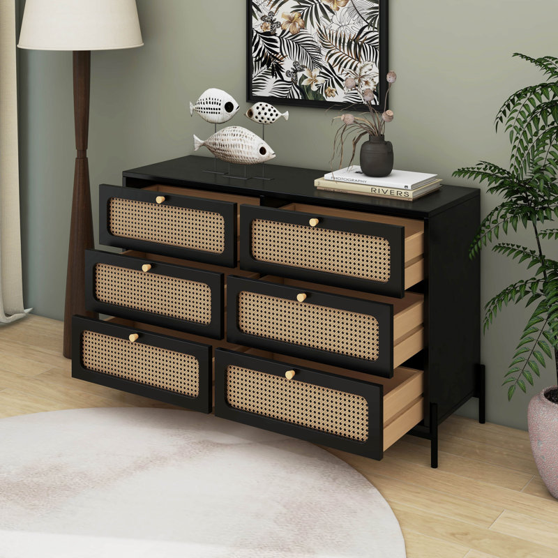 Buffet moderne en bois et rotin avec commode à 6 tiroirs
