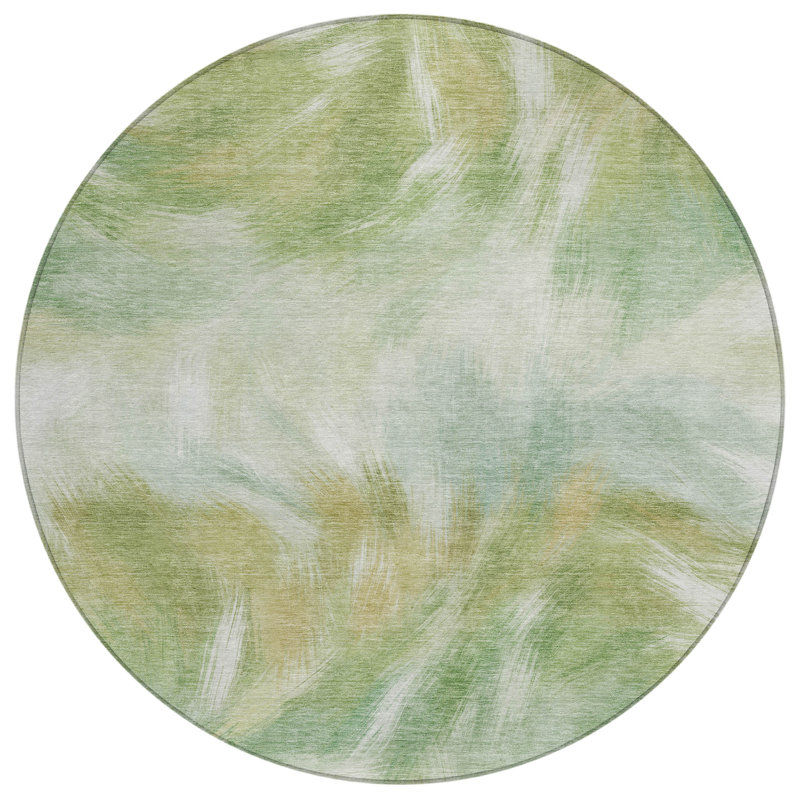 Machine Washable Indoor/Outdoor Xhevrie Green Rug, Round 8'