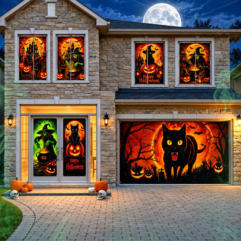 Ensemble de housse de porte de garage 7 pièces, 16 x 7 pi, pour chat et sorcière, Halloween