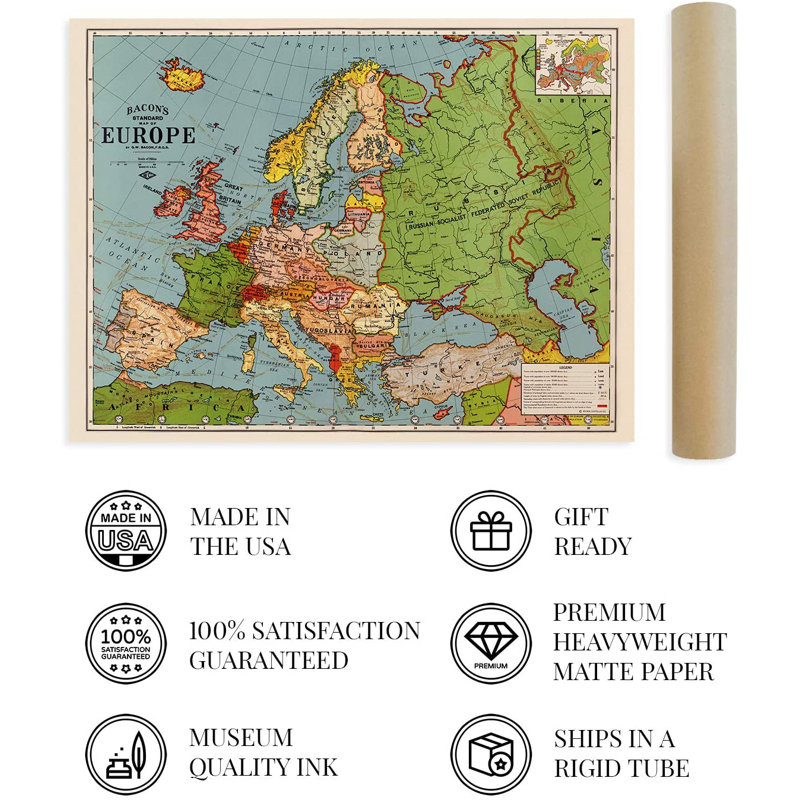 1925 Europe Map Poster Wall Art, 24" H x 36" W x 0.1" D
