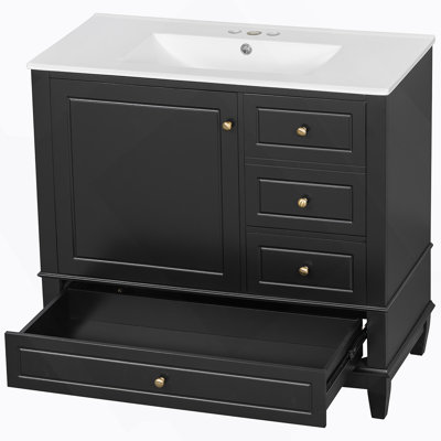 Meuble-lavabo de 36 po avec lavabo en céramique, panneau de fibres à densité moyenne et base en bois massif, 3 tiroirs et armoire avec tablettes, finition peinte en noir, meuble-lavabo autoportant avec trous de robinet de 4 pouces