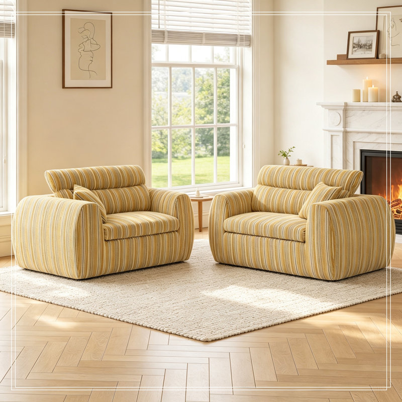 Chenille Striped Compression Sofa with 2 pillows, Yellow+Black