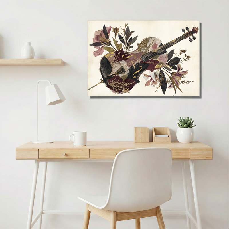 Impression sur toile violon collage avec fleurs séchées et feuille d'or, H 20 po x l 30 po