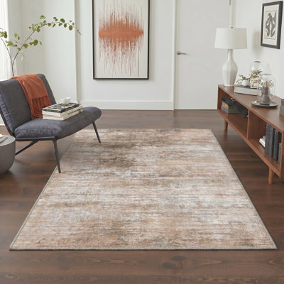 Brush Strokes Ivory / Beige Indoor Abstract Area Rug,Machine Washable,With Non-Slip Backing